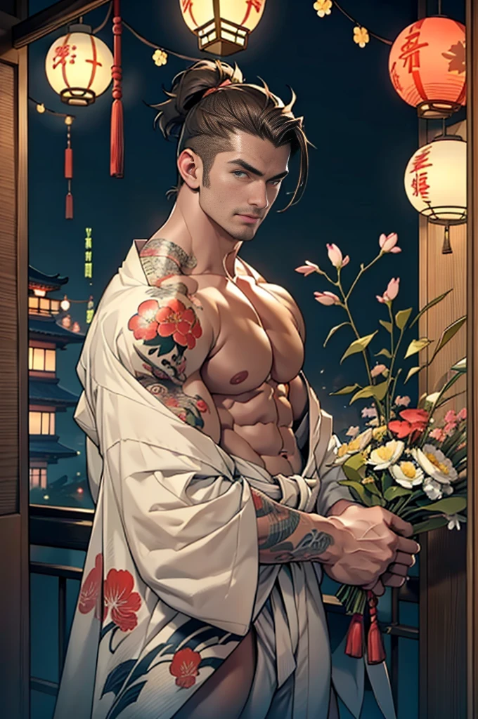 A handsome tall man standing, He is 28 years old,Thin waist,The pectoral muscles are well developed, He is 175cm tall,Weight 62 kg、yellow-green eyes、brown hair color、short hair、Shirtless、((underwear,thigh))、looking into camera,Gangster,Late Night,Japanese-style room,Tatami,Japanese flowers,Paper doors,lantern,Take off your kimono,Gorgeous black Japanese totem tattoo,(super high angle shot),Gorgeous Japanese totem background,Japanese flower arrangement,Japanese-style screen,Rich scene decorations,(((men bulge)))