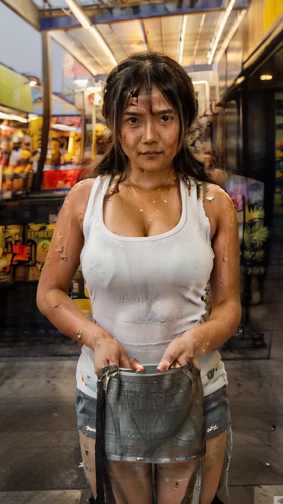 Photo of a middle-aged Sundanese woman (slightly curvy) with long black hair ((low messy bun), (sweat dripping down her face and hair) in very detailed and very realistic manner, wearing a white tank top (wet with sweat) and dyed brown batik cloth tied around it. on his waist. He is cooking at the night market (looking at the camera), he is stirring fried rice in a large frying pan with a serious expression on his face. The atmosphere at this night market looks busy with many people, both men and women, wearing casual clothes seen watching the woman cooking. The lighting in this picture is dominated by a light bulb hanging above the woman, giving a warm lighting effect that emphasizes her and creates shadows around her. In the background, there is a night market atmosphere with rows of stalls and crowds of people doing activities it shows daily life in a night market full of activity and social interaction, Surrealism, 8k, super detail