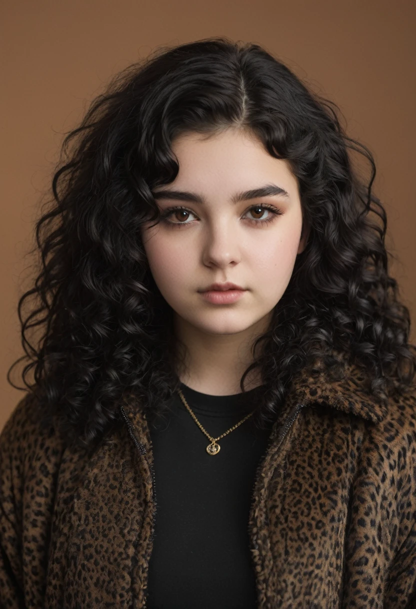 A 17 year old woman, black fur, black curly hair, fat physical shape,lightbrown eyes, dark cult clothes