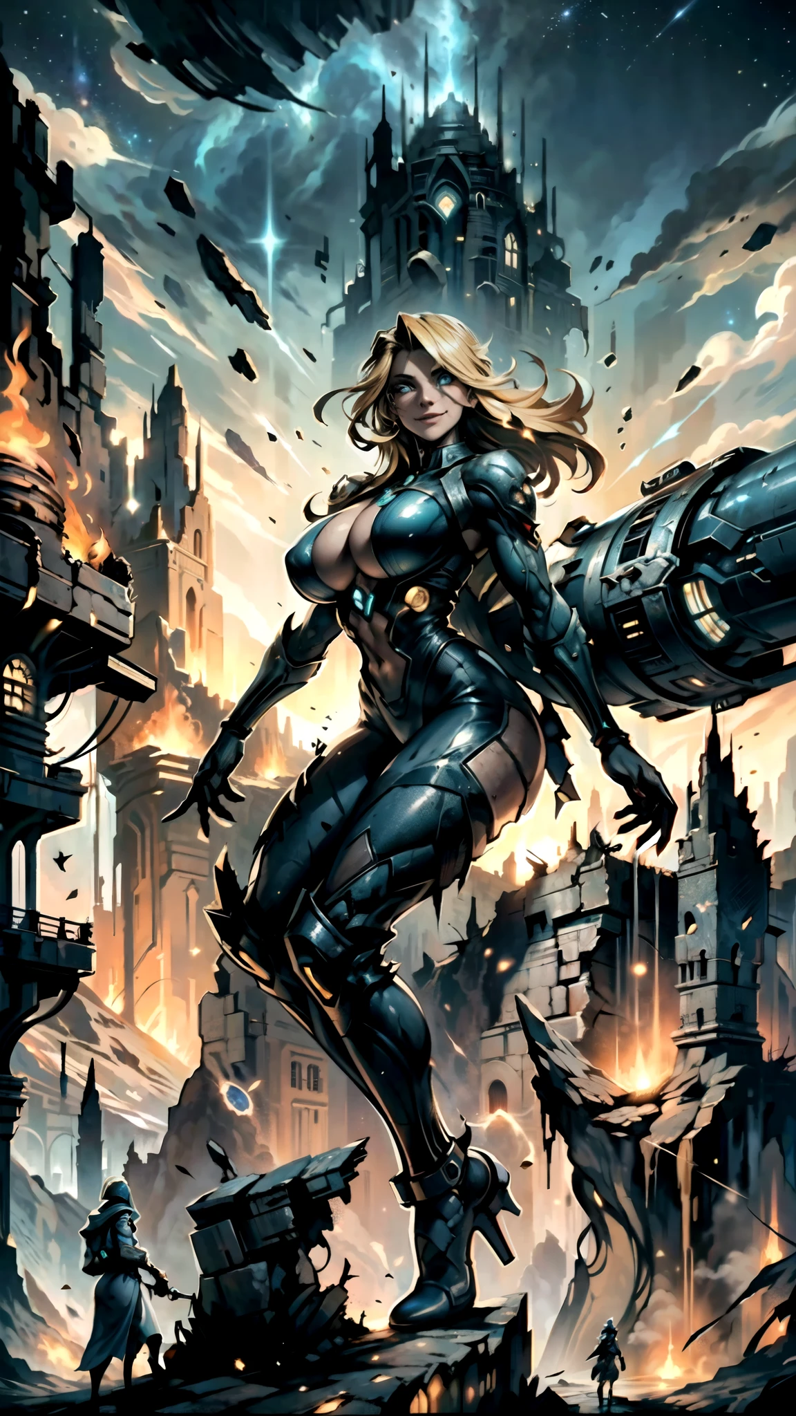 At the top of the mountain and on the edge of the cliff, a muscular blonde woman, with huge ass, showing big breasts completely without clothes, wearing transparent spacesuit, Looking and smiling at the camera, Beautiful feet, face perfect, wearing cyber boots, showing the entire body from the front. Under the cliff, Four spaceships slowly emerge from the ruins of a desolate city built in the desert, Going to the stars, cinematic lighting, melhorar, anáglifo, optical illusion, From  above, atmospheric perspective, ultra HD, 8K.