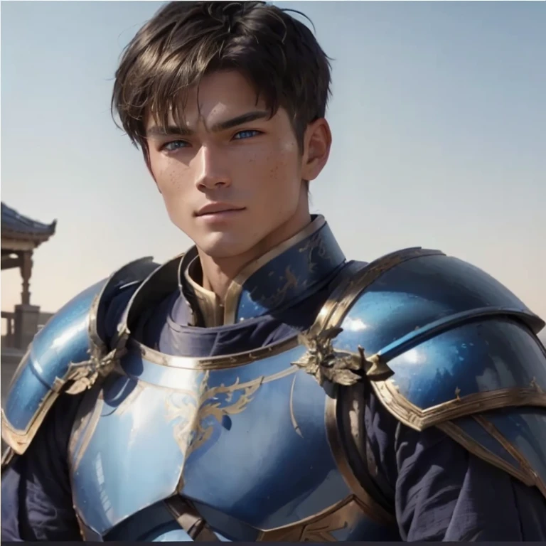 a close up of a blonde tanned male with armor, dragon inspired blue armor, armor focus on face, scene from live action movie