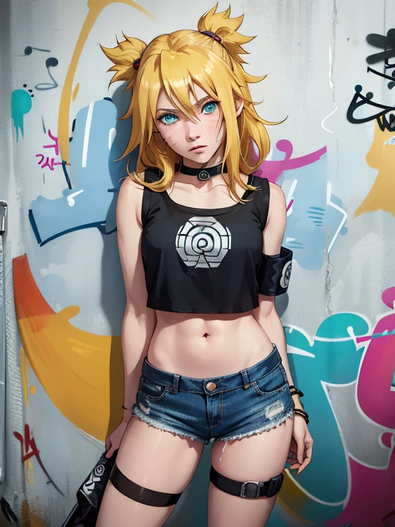 Himiko Toga, Blonde hair, yellow eyes, hairbuns, tank top, denim shorts, choker, graffiti paint splatter, arms behind back, (slouching), leaning back, against wall, looking at viewer, armband, thigh strap, streaked hair, paint on body, upturned eyes, head down, head tilt, (from above), bored,expressionless, sideboob, (big breasts), cute overload,
