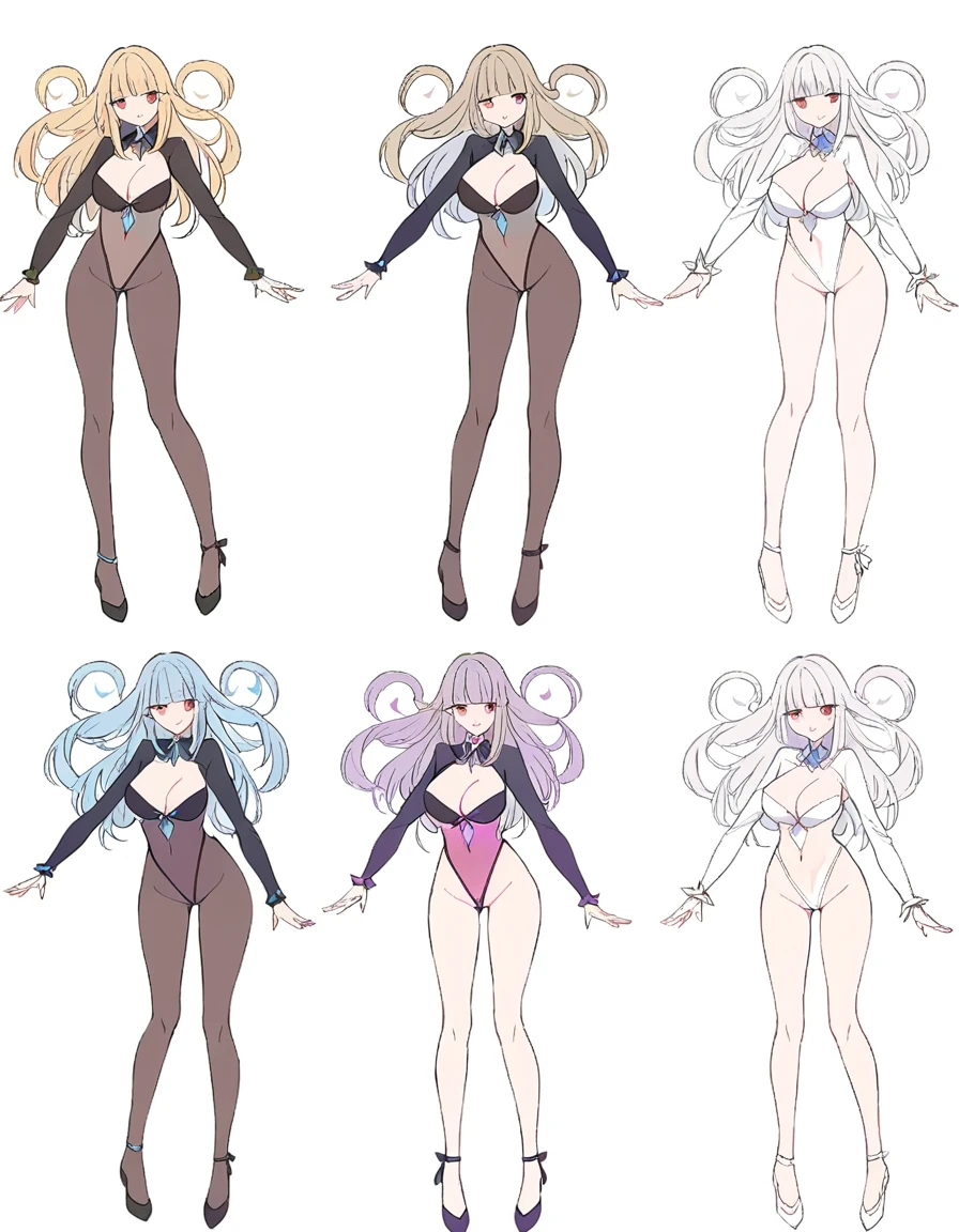 3 girls, variety of hairstyles, variety of bangs, high fantasy costume, ((white background)), full body, multiple views, succubus,  thong, shrug, leotard, cleavage, tie, 