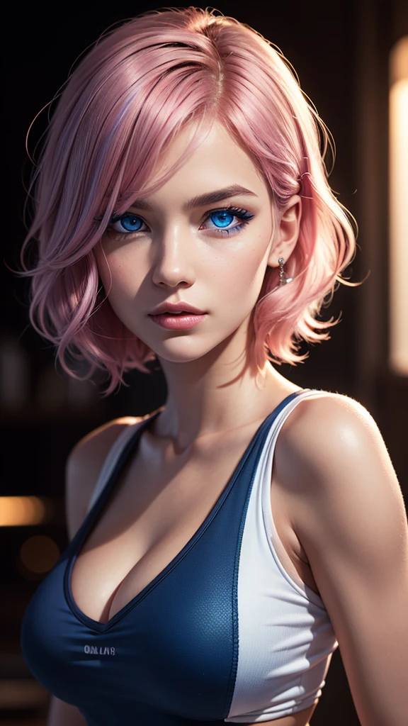 sexy woman, voluminous breast, a 25 year old woman, beauty face, lustful face, high detail, beauty lips, photorealistic, ultrarealistic, background, rtx on, Color Grading, Perspective, Depth of Field, Field of View, Tonal Colors, 8K, Full-HD, Perfectionism, Rim Lighting, Natural Lighting, Soft Lighting, Accent Lighting, Diffraction Grading, hot woman , super detailed, (( Detailed beautiful blue eyes )) , pink hair , short curly hair, ( club clothes ), face portrait, look forward