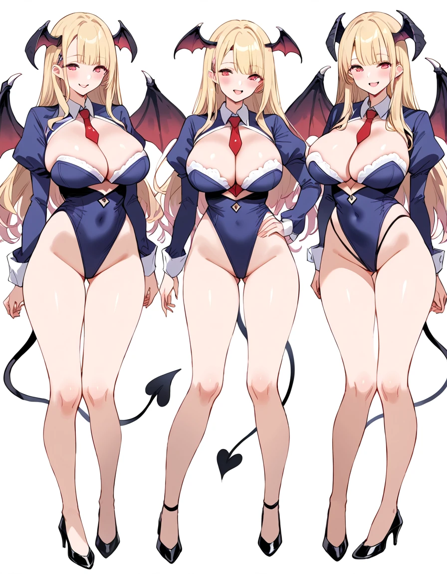 3 girls, variety of hairstyles, variety of bangs, high fantasy costume, ((white background)), full body, multiple views, succubus,  thong, shrug, leotard, cleavage, tie, 