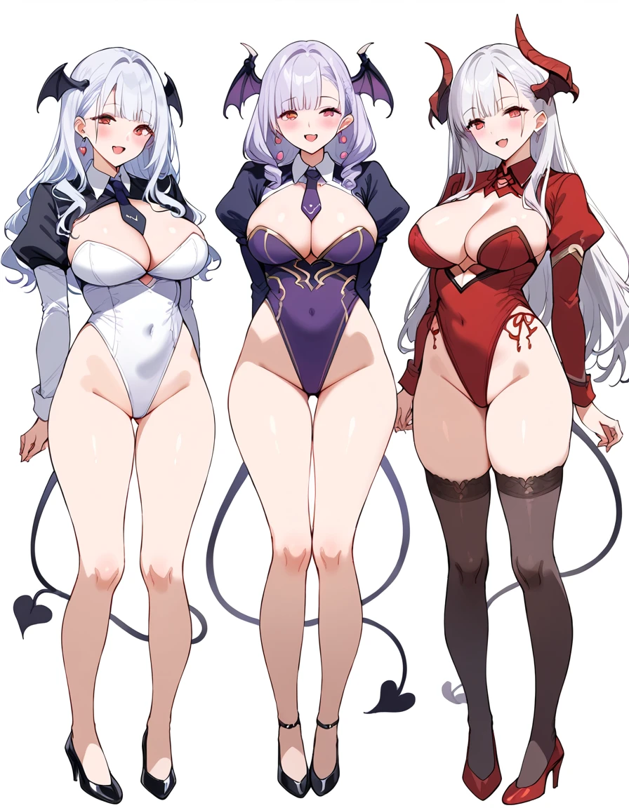 3 girls, variety of hairstyles, variety of bangs, high fantasy costume, ((white background)), full body, multiple views, succubus,  thong, shrug, leotard, cleavage, tie, 