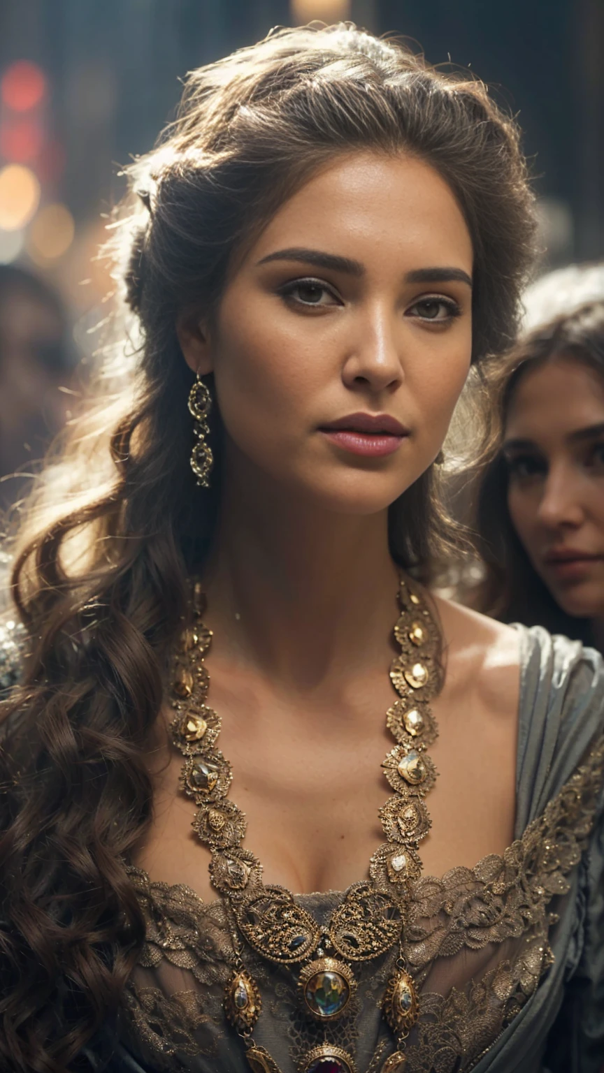 a woman with long hair wearing a dress, cinematic goddess close shot, olivia culpo as milady de winter, cinematic goddess shot, gorgeous woman, karol bak uhd, 4 k detail fantasy, by Roman Bezpalkiv, superb detail 8 k masterpiece, as a medieval fantasy character, superb detail 8 k, portrait shot 8 k, natalie portman as a goddess