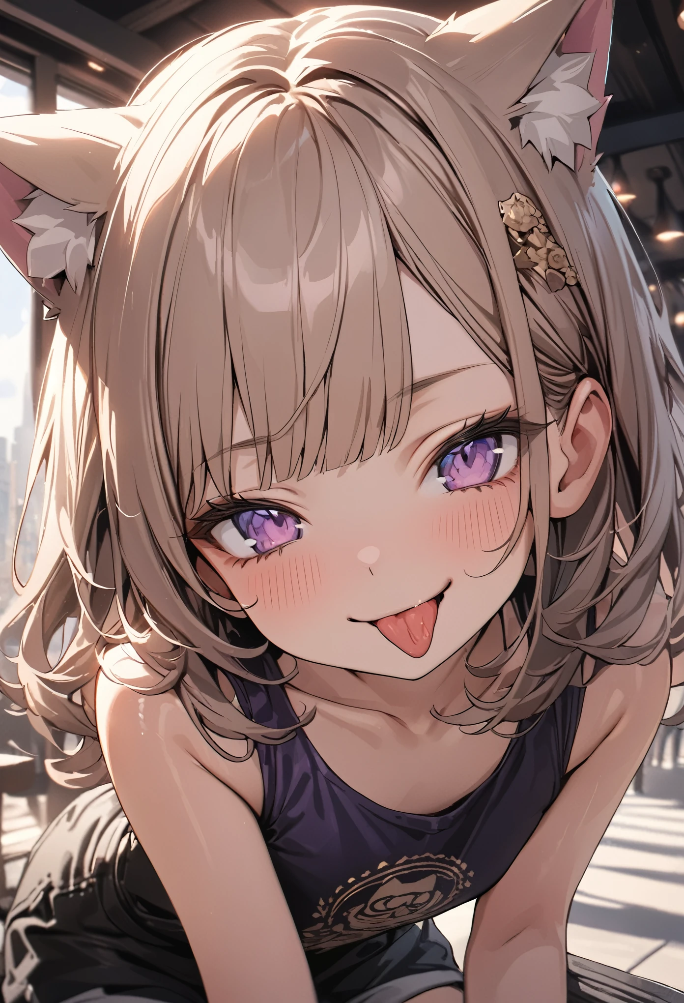 ((Masterpiece)), ((best quality)), ((kawaii)), ((extremely detailed)), 4K, (8K), (super detail:1.2), (High Definition:1.3), (Professional Photography:1.2), cinematic lighting, (very aesthetic:1.2), (absurdres:1.2), (sharp focus), (perfect light), ((1girl)),(()), (1girl), cute young girl, (naughty smile), ((sticking out tongue)), (Beautiful deep purple eyes:1.2), (put on cat ears), girl, (Embroidered cute tanktop), small breast, Healthy skin, (Healthy slim body), (loose blunt bangs), ((Beautiful Silky hair)), medium hair, ((beautiful pale brown hair)), shortpants, BREAK, ((best quality)), (very aesthetic:1.2), (absurdres:1.2), ((extremely detailed)), 🌈, Eating vanilla ice cream, (loose sitting on chair), ice cream on the café terrace, (the Midsummer Cafe Terrace), Beautiful cityscape Background, Large Cumulonimbus Clouds, pastel colors clouds, kawaii, cute colors,