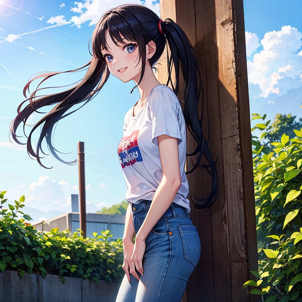 Summer sky Morning glory wind chimes Light blue long hair Beautiful girl with twin tails T-Shirts Denim G-Pan Bright smile