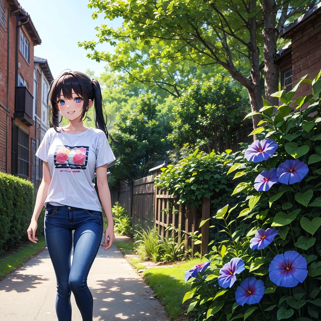 Summer sky　Morning glory　wind chimes　Light blue long hair　Beautiful girl with twin tails　T-Shirts　Denim G-Pan　Bright smile　