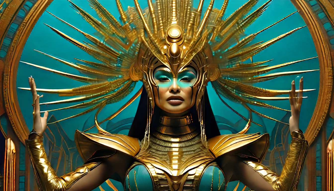 a movie poster for Heavy Metal Magazine, inspired by Clyde Caldwell, futuristic apocalypse, ate blanchett as medieval queen, gold and teal color scheme, scene from live action movie, of a futuristic woman selk'nam, shanina shaik as medusa, cyberpunk outfits, 2022 movie, wonderful details, diablo 4 queen, still from the movie, movie poster with no text, movie poster promo, ultra detailed, complex, sharp focus, object texture, studio photo, intricate details, highly detailed, Real Photo style, hyper-realistic, high dynamic range, rich colors, realistic textures, 8K uhd, high color depth, Nikon D 850, Kodak 400 port, fujifilm XT, (cinematic film:3.1)