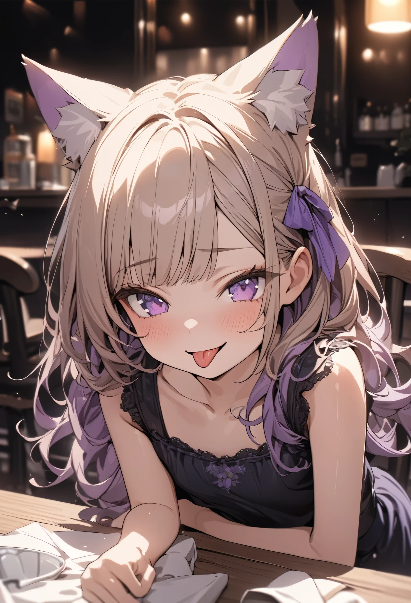 ((Masterpiece)), ((best quality)), ((kawaii)), ((extremely detailed)), 4K, (8K), (super detail:1.2), (High Definition:1.3), (Professional Photography:1.2), cinematic lighting, (very aesthetic:1.2), (absurdres:1.2), (sharp focus), (perfect light), ((1girl)),((12 years old)), (1girl), cute young girl, (naughty smile), ((sticking out tongue)), (Beautiful deep purple eyes:1.2), (put on cat ears), girl, (Embroidered cute camisole), small breast, Healthy skin, (Healthy slim body), shortpants, pudgy cheeks, BREAK, ((best quality)), (very aesthetic:1.2), (absurdres:1.2), ((extremely detailed)), (loose blunt bangs), ((loose braids)), medium hair, ((beautiful pale brown hair)), 🌈, ((Eating vanilla ice cream)), loose sitting on chair, ice cream on the café terrace, (the Midsummer Cafe Terrace), Large Cumulonimbus Clouds, pastel colors clouds, kawaii, cute colors,