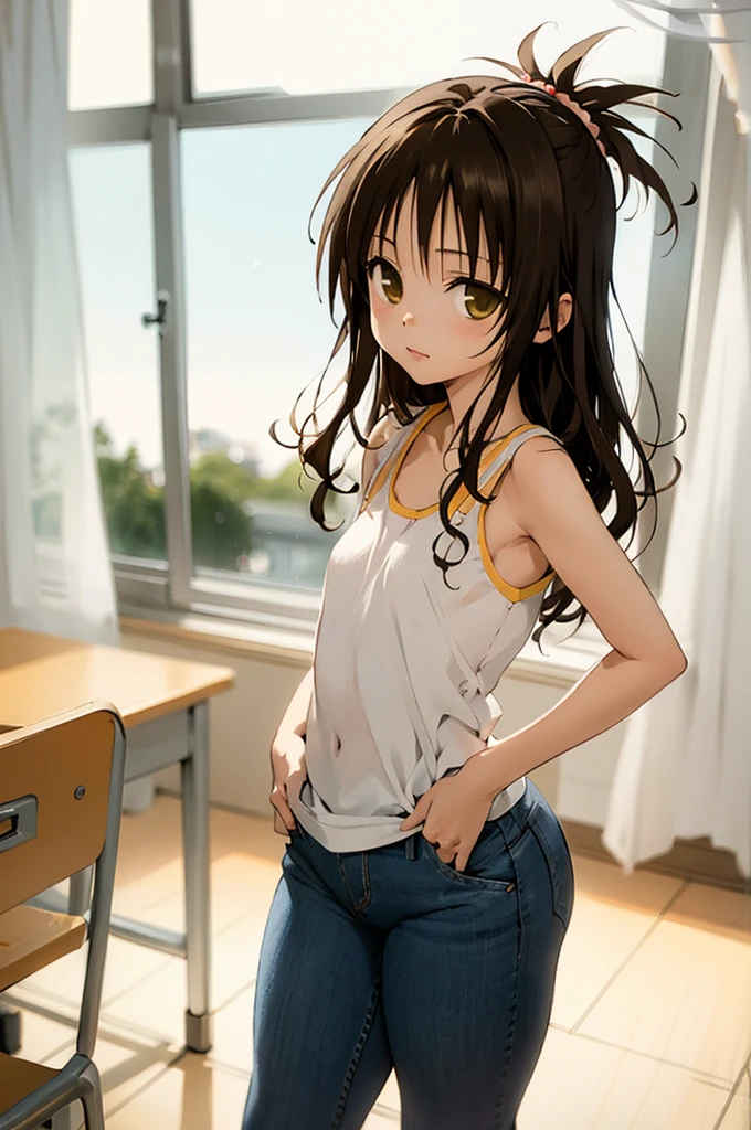 1girl,solo,yuuki mikan,, ,brown hair,, ,1girl,small hips,,classroom,,looking viewer,,tight jeans,