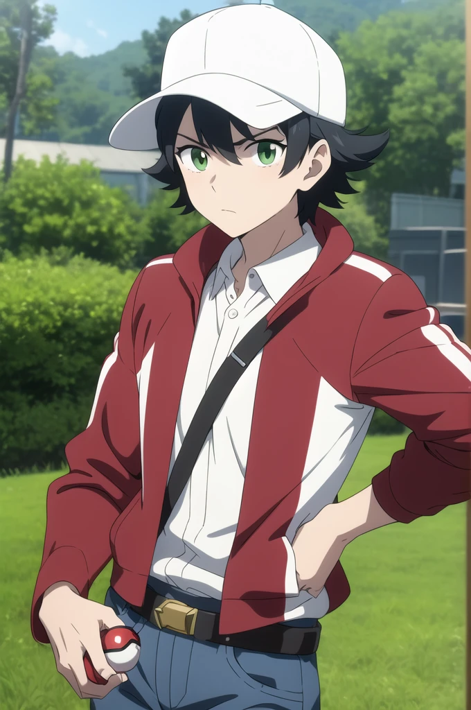 masterpiece, best quality, anime screencap, pokemon, (1male), solo, looking at the camera, detailed eyes, upper body, portrait, black hair, green eyes, spiky hair, striding, young teen, determined, blank BREAK collared shirt, red jacket, white trim, jeans, red and white baseball cap, belt, pokeball BREAK on a grassy trail