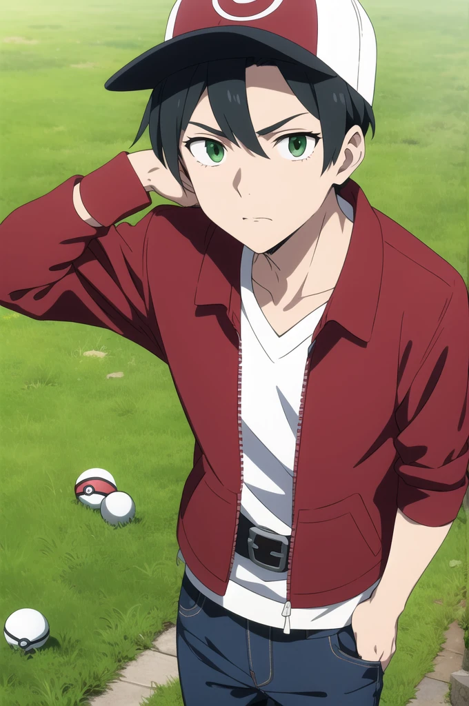 masterpiece, best quality, anime screencap, pokemon, (1male), solo, looking at the camera, detailed eyes, upper body, portrait, black hair, green eyes, spiky hair, striding, young teen, determined, blank BREAK collared shirt, red jacket, white trim, jeans, red and white baseball cap, belt, pokeball BREAK on a grassy trail
