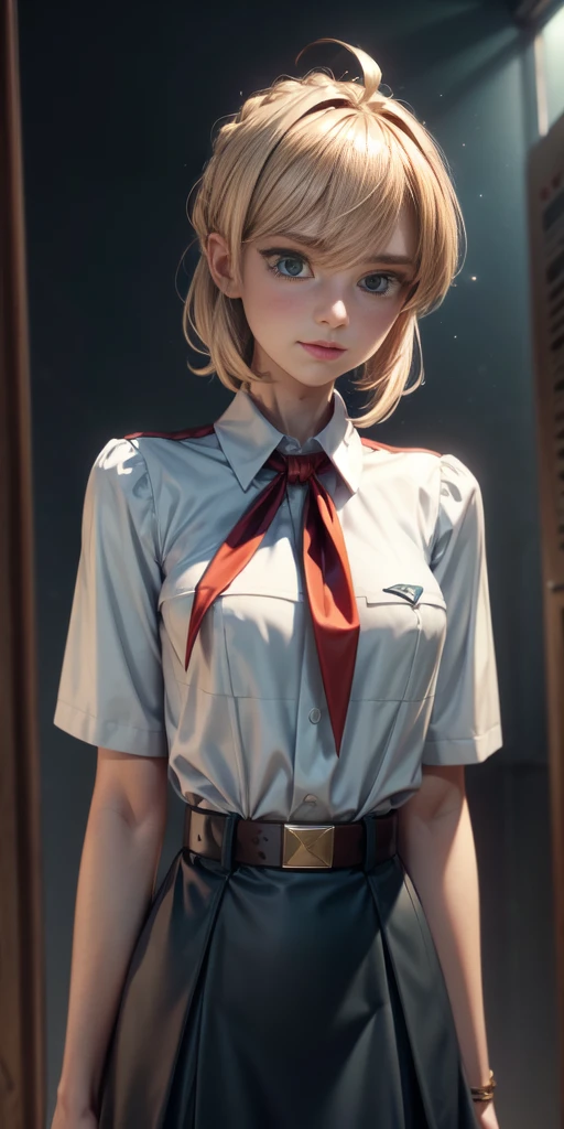 blond hair, Hair, ahoge, Raised eyebrows, sparkling eyes, green eyes, shy smile, atmospheric perspective, anime style, Cinematic lighting, glowing light, wide angle, 8 k, Best quality, masterpiece, high detail, high quality, slender and fit young girl, perfect flat chest, Thin waist, pioneer neckerchief, blue microskirt, bang, White shirt, short sleeves, collared shirt, belt, eyelashes, red neckerchief, chest pocket, know-v1, died_Alessia