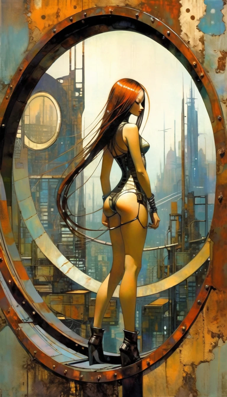 full body sexy girl long hair, futuristic sexy girl, futuristic rusty metal window, circular, circular window shape, views of rusty metal futuristic city, Artwork inspired by Dave Mckean, intricate details, oil painted