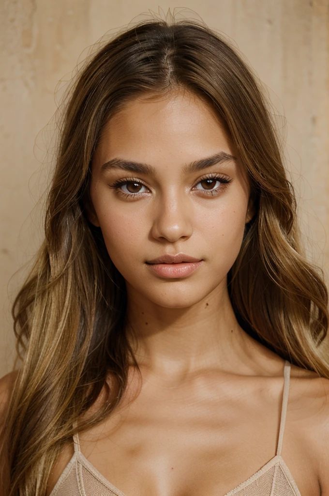 portrait very pretty girl, tanned, slanted, seductive brown eyes and full lips, small, upturned nose and very long natural blonde hair, smiling