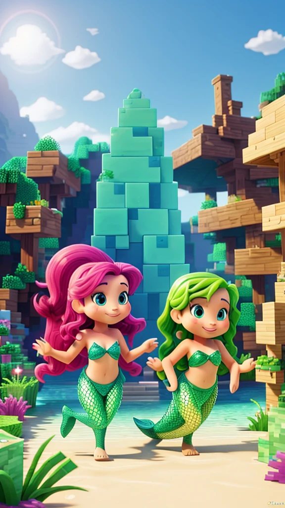 Background with two characters , a mermaid and a minecraft , where an environment comes to light according to those two characters , with happy colors , striking and pasteurized tridi, of very good quality and that is for children&#39;s taste