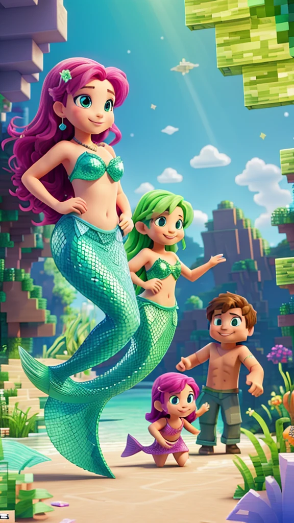 Background with two characters , a mermaid and a minecraft , where an environment comes to light according to those two characters , with happy colors , striking and pasteurized tridi, of very good quality and that is for children&#39;s taste