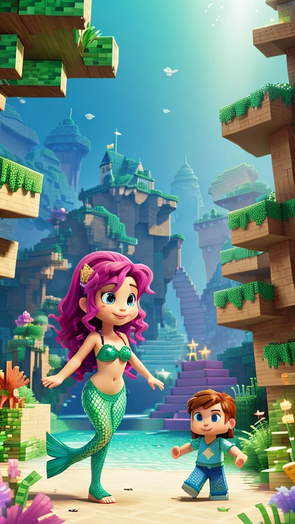 Background with two characters , a mermaid and a minecraft , where an environment comes to light according to those two characters , with happy colors , striking and pasteurized tridi, of very good quality and that is for children's taste