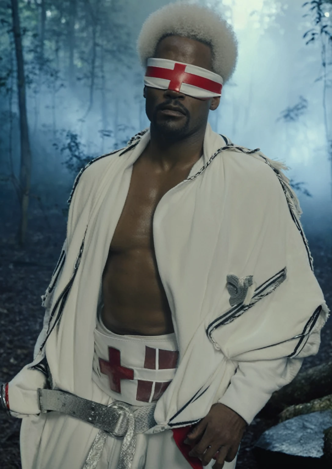 Sci-fi cinematic film scene slightly muscular African-American man with a short Afro White hair wearing a white blindfold With a red cross on it on his eyes Wearing a white robe and a giant black wrestling belt with a white cross on it wearing a giant White sweatpants and a white leather boots and a man is outside a dark forest realistic photograph movie scene dark atmosphere,35mmm