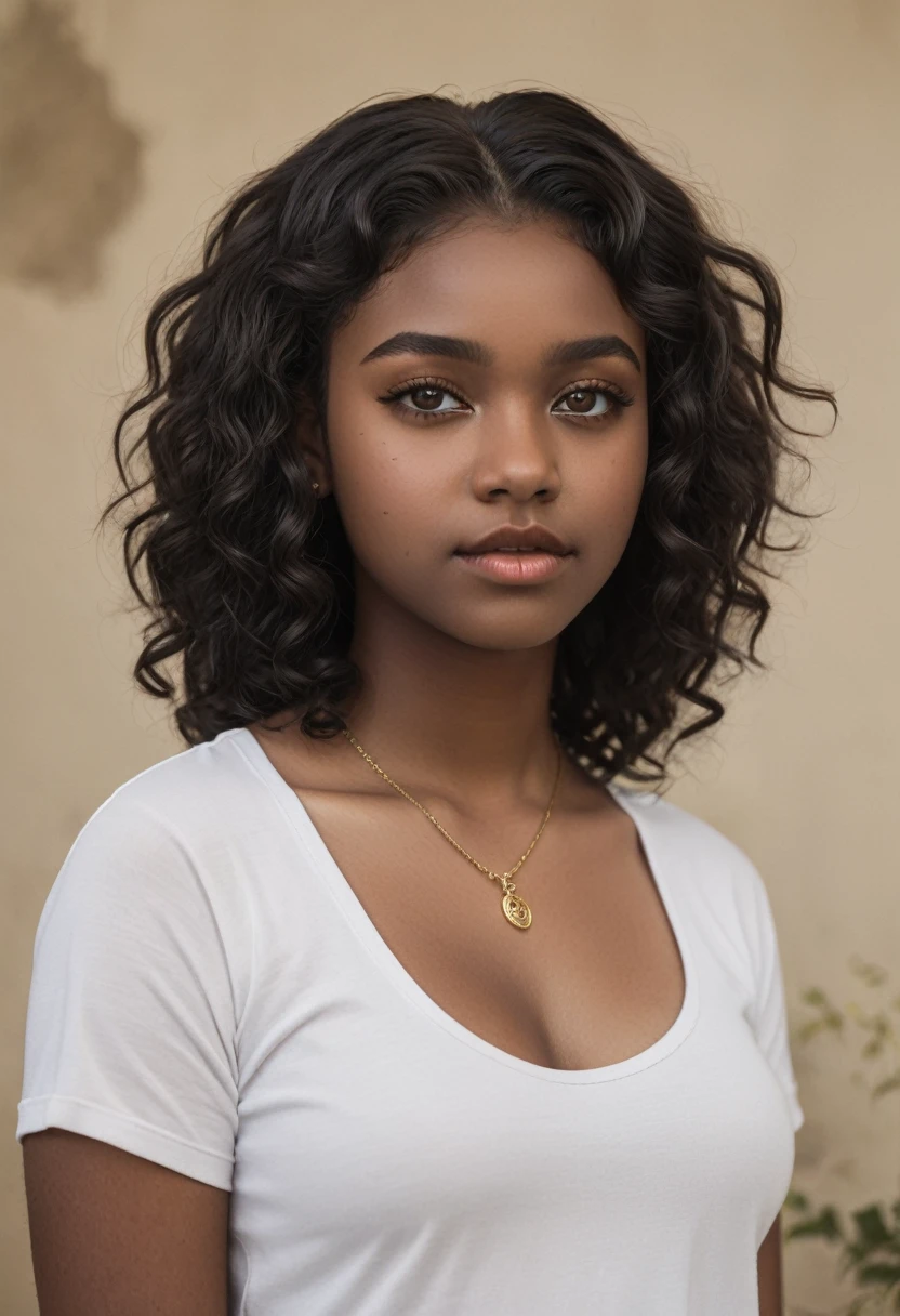 A 17-year-old black woman, dark skin black curly hair, fat physical shape,lightbrown eyes, dark cult clothes