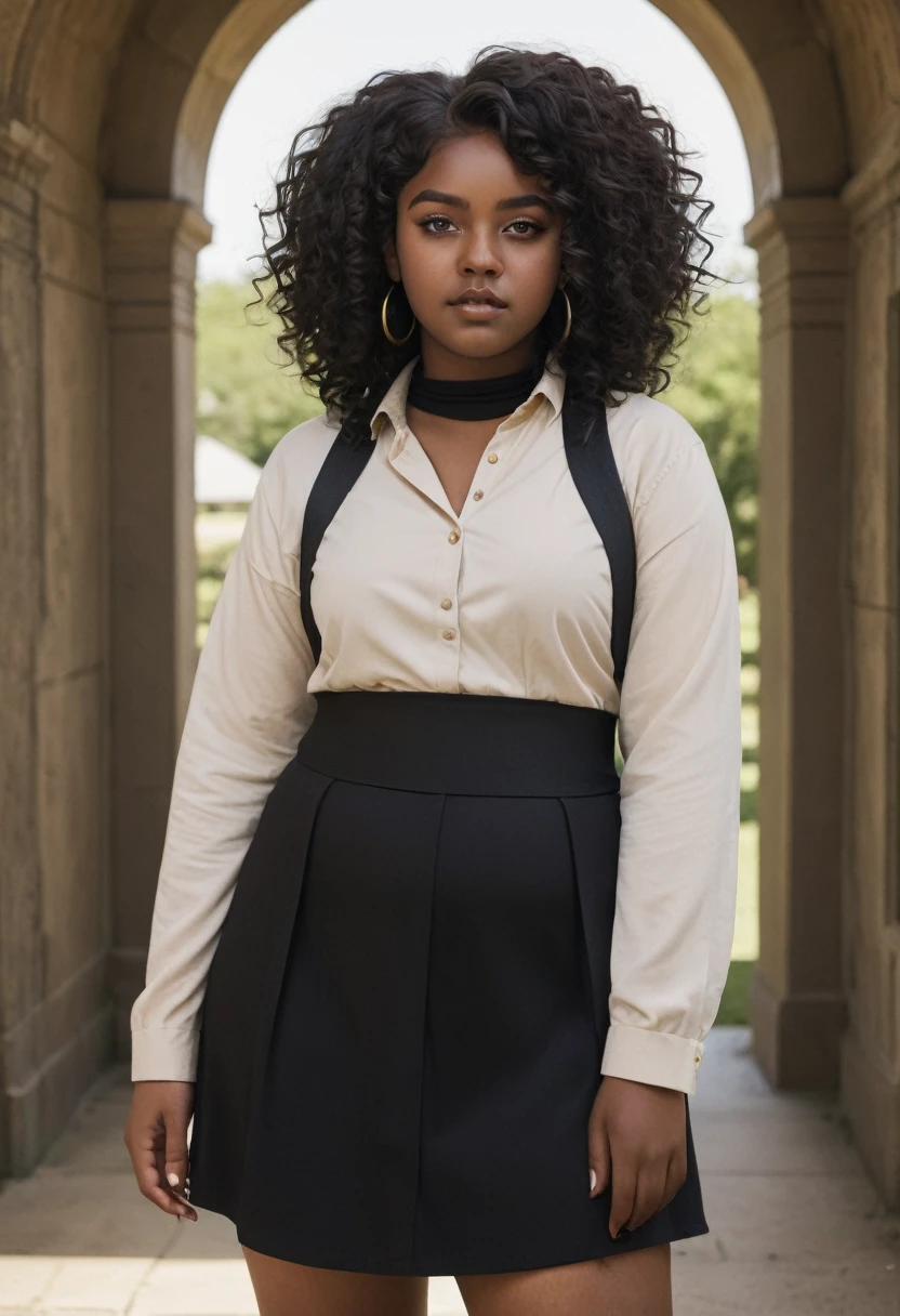 A 17-year-old black woman, dark skin black curly hair, fat physical shape,lightbrown eyes, dark cult clothes