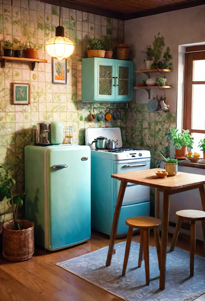 there is a small kitchen with a refrigerator and a table, interior background art, cozy wallpaper, lofi artstyle, background art, low detailed. digital painting, detailed lighting and textures, cozy home background, lo-fi illustration style, lofi art, immensely detailed scene, lofi aesthetic, detailed painting 4 k, 8k high quality detailed art, background artwork