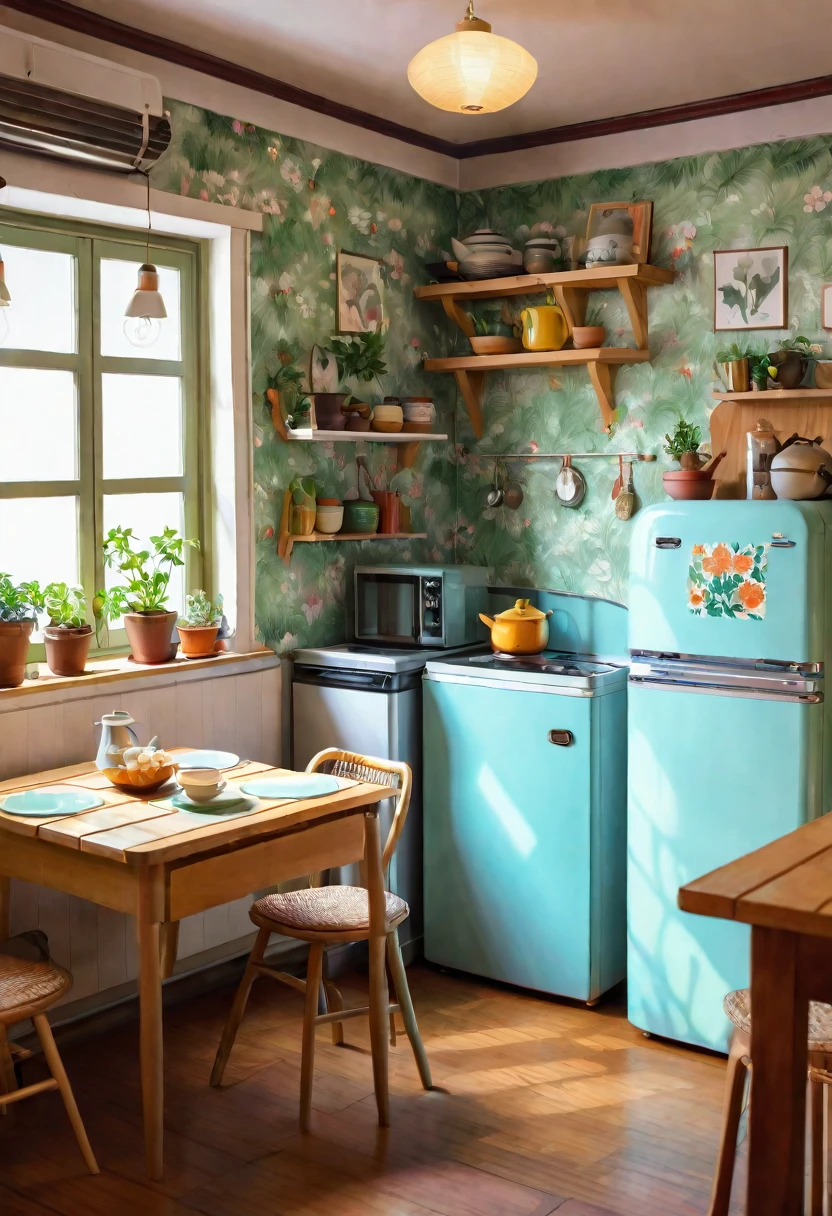 there is a small kitchen with a refrigerator and a table, interior background art, cozy wallpaper, lofi artstyle, background art, low detailed. digital painting, detailed lighting and textures, cozy home background, lo-fi illustration style, lofi art, immensely detailed scene, lofi aesthetic, detailed painting 4 k, 8k high quality detailed art, background artwork