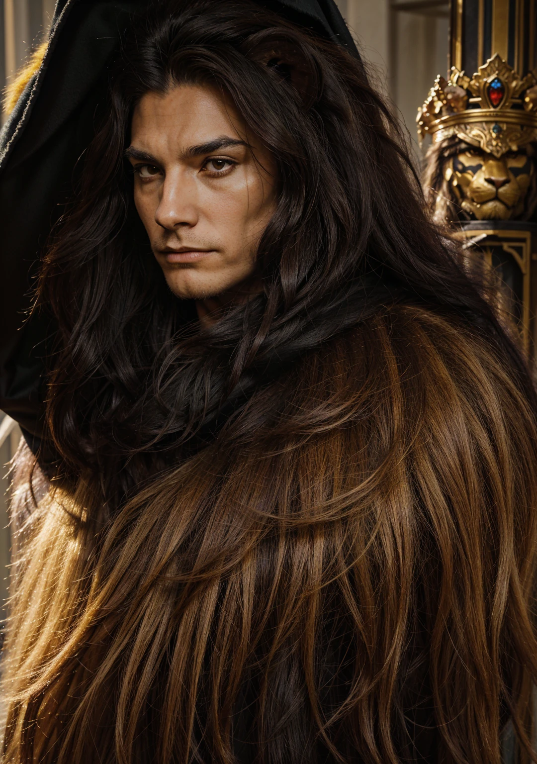 A humanoid lion character named Leonhart from 'Sacrificial Princess and the King of Beasts', with thick, dark fur, a regal mane, and a fierce expression. He wears a long black and yellow cloak over a white outfit, standing in a noble and imposing posture