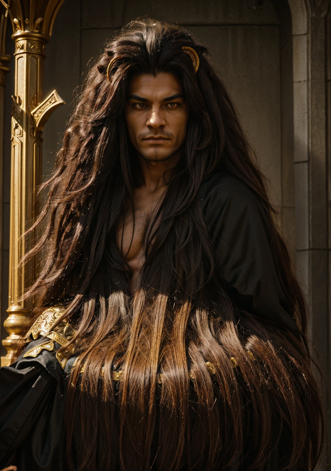 A humanoid lion character named Leonhart from 'Sacrificial Princess and the King of Beasts', with thick, dark fur, a regal mane, and a fierce expression. He wears a long black and yellow cloak over a white outfit, standing in a noble and imposing posture