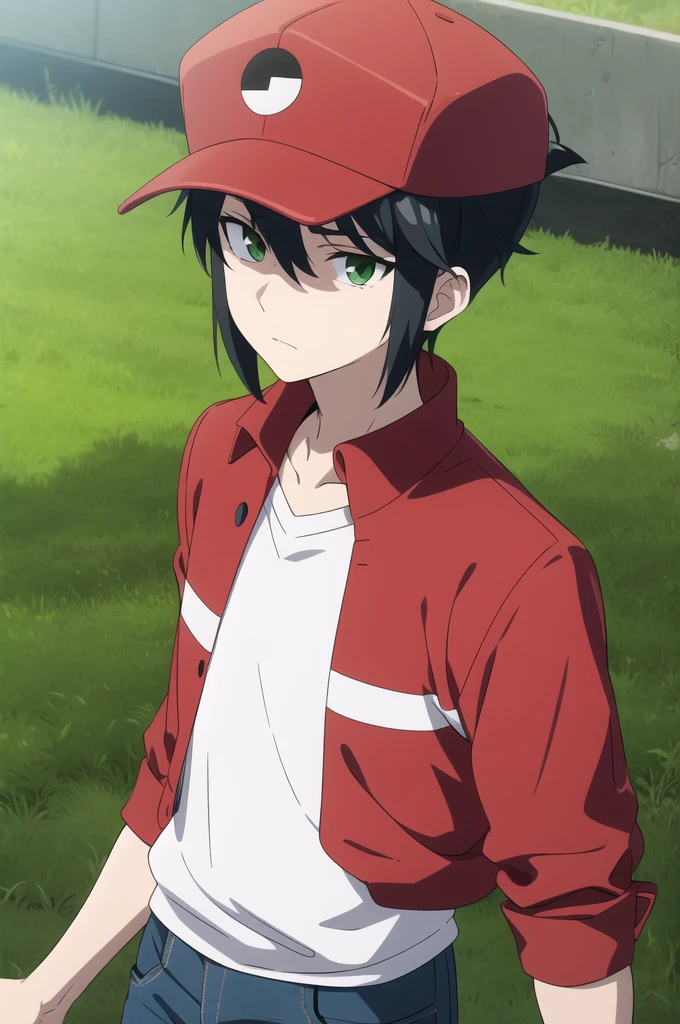 masterpiece, best quality, anime screencap, pokemon, (1male), solo, looking at the camera, detailed eyes, upper body, portrait, black hair, green eyes, spiky hair, striding, young , determined, blank BREAK collared shirt, red jacket, white trim, jeans, red and white baseball cap, bandolier, BREAK on a grassy trail