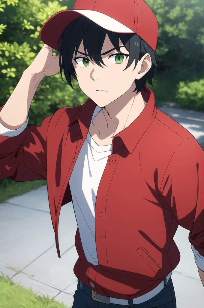 masterpiece, best quality, anime screencap, pokemon, (1male), solo, looking at the camera, detailed eyes, upper body, portrait, black hair, green eyes, spiky hair, striding, young teen, determined, blank BREAK collared shirt, red jacket, white trim, jeans, red and white baseball cap, bandolier, BREAK on a grassy trail
