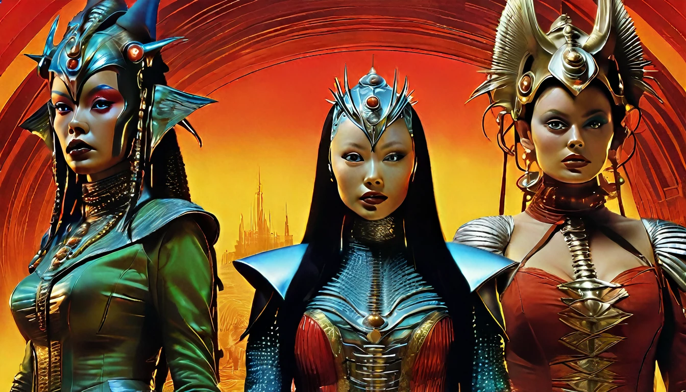 a movie poster for slave girls from beyond infinity, inspired by Clyde Caldwell, futuristic apocalypse, stalenhag, metal album cover, gwar, heavy metal band promo, wayne barlowe pierre pellegrini, retro sci fi, movie poster with no text, movie poster promo, ultra detailed, complex, sharp focus, object texture, studio photo, intricate details, highly detailed, Real Photo style, hyper-realistic, high dynamic range, rich colors, realistic textures, 8K uhd, high color depth, Nikon D 850, Kodak 400 port, fujifilm XT, (cinematic film:3.1)