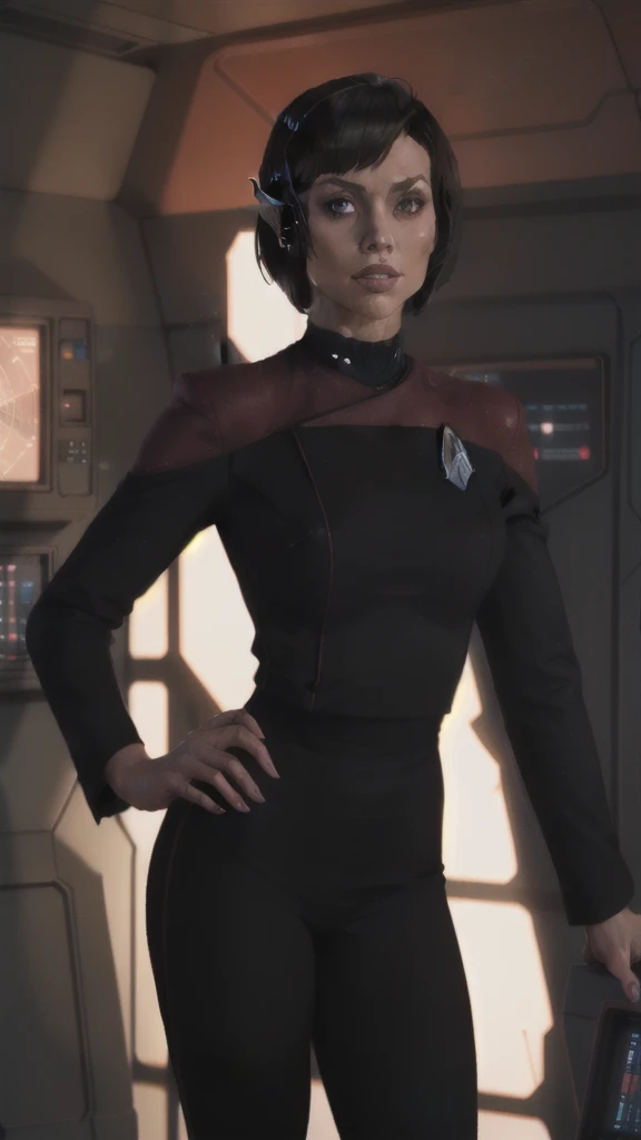 side (bob haircut1:1), vulcan girl, star trek ,  (pcdst red uniform:1.25),black pants pointy ears,borg