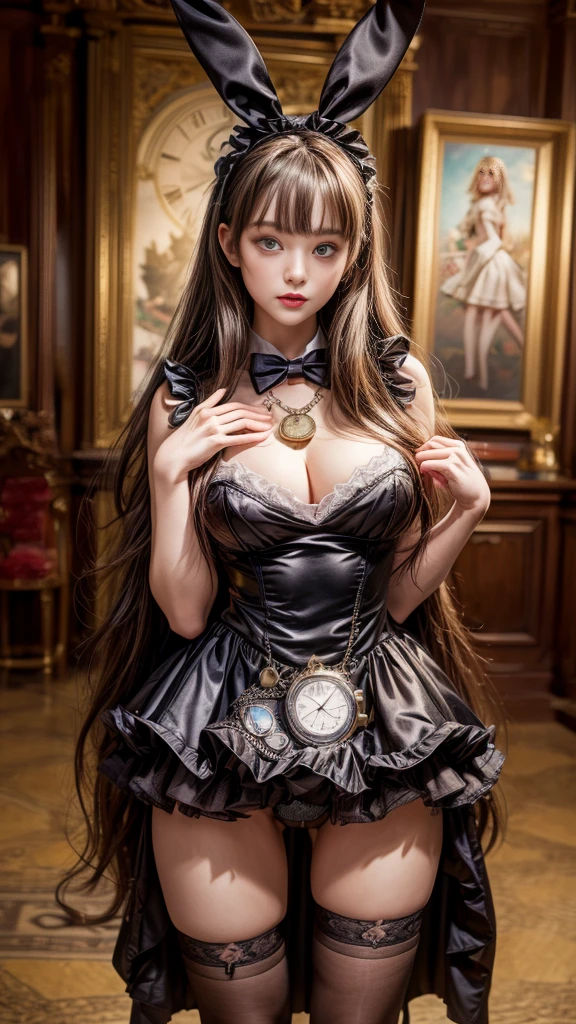 4K, Realistic,Very detailed,Bunny ears、Rabbit costume,Bunny girl、Big Breasts、Soft Theme,Age 25、smile、(((Alice in Wonderland World)))、((Pocket watch))、(Black tuxedo-like miniskirt dress)、Thigh-high stockings、((Delicate painting))，(Detailed RAW photos of girls), (Masterpiece:1.25), (Highest quality:1.6), (Ultra-high resolution:1.5), (Realistic:1.75), 8K resolution,:1.6),  Canon EOS R5, 50mm,Very detailedな,Cinema Lighting、