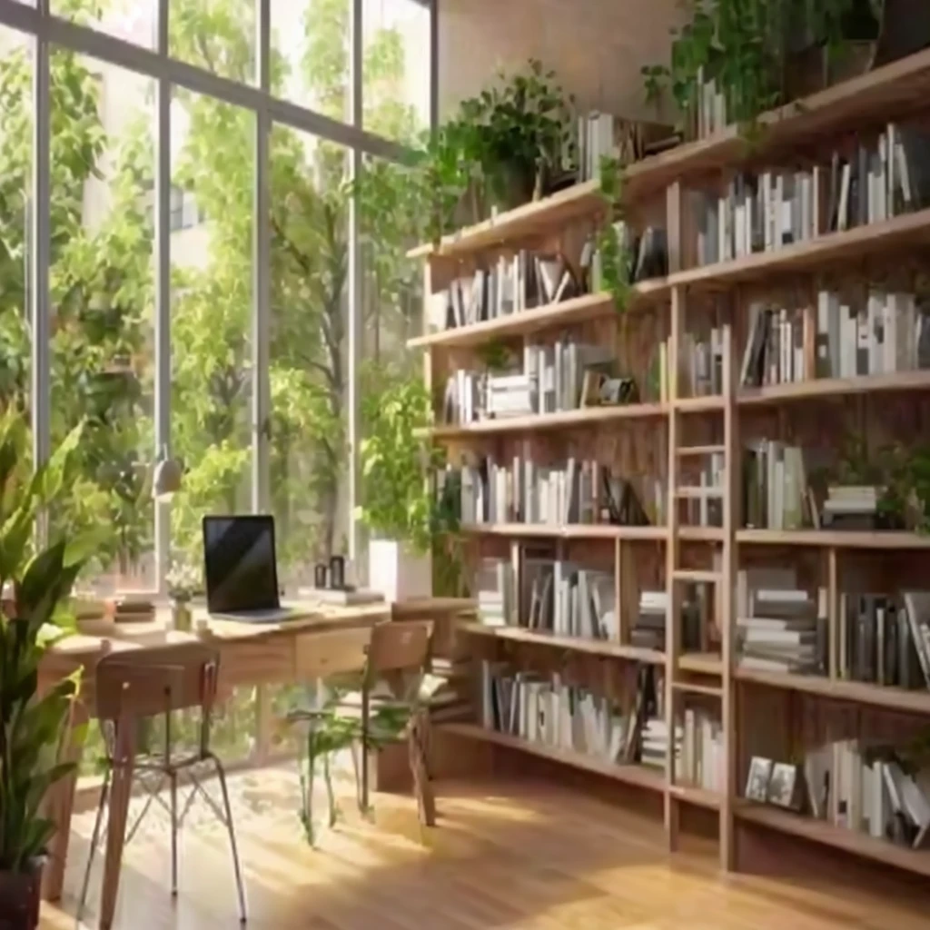 there is a large wooden shelf de livros with a laptop on it, wooden desks with books, shelfs de parede a parede, book regale, small library, bookregale on sides, shelf de livros small library, bookregale, shelf, shelf de livros, home Office, home Office interior, with natural light backdrop, regale, books everywhere, in a japanese apartment