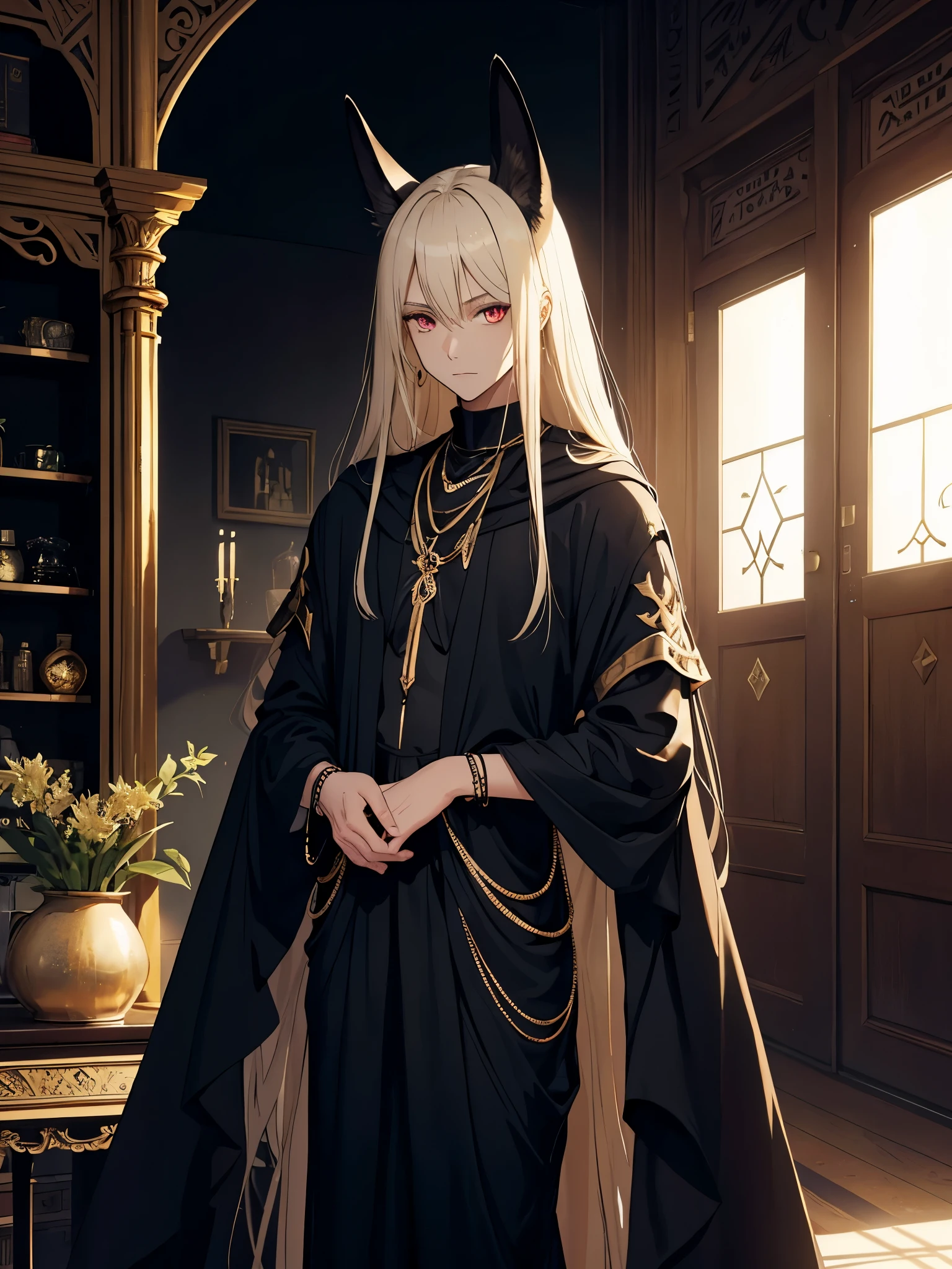 Man! Darker Boy! Death god Anubis stands in the middle of the picture. Egyptiane Gottheit Anubis. He looks like a teenage boy. Egyptiane Kleidung in schwarz. Long ash blonde hair. Lots of gold jewelry. Slightly darker skin. Desert. Egyptian. Black Eye and Red Eye. Lots of make-up. 火. Dunklere Haut!