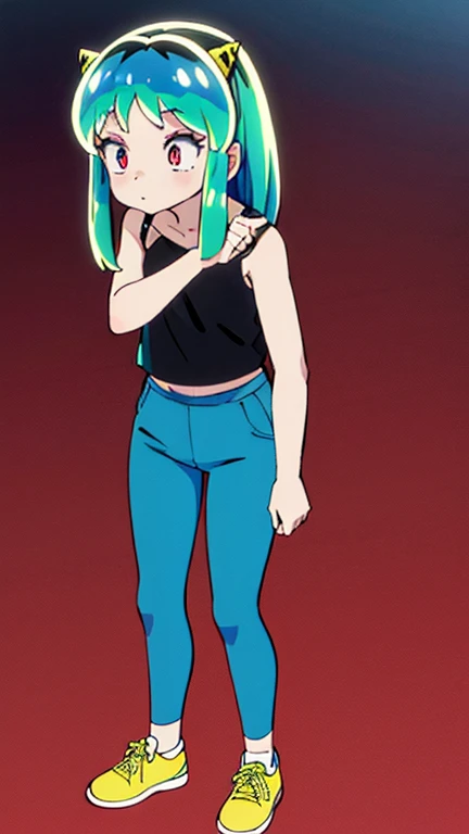 Alien girl, oni, 17 year old, chica atractiva, largo cabello verde, cuernos amarillos, Lum, Stanting, blackTank top, Blue Pants, slipers,1girl, (masterpiece), (high resolution), (8K), (extremely detailed), (4k), perfect face, 