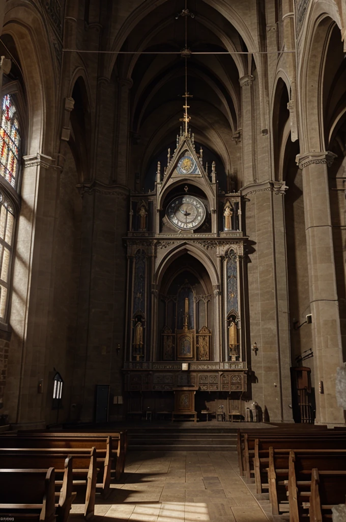 Realistic motion Image, captivating montage of A 14th-century European church tower with a large mechanical clock, high angle shot, ambient light, detailed render, cinematic style, UHD
