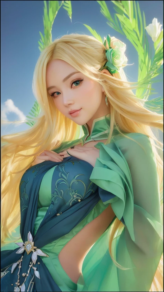 Beautiful woman with long blonde hair and a green dress, extremely detailed artgerm, portrait knights of zodiac girl, ! dream artgerm, cutely girl,artgerm lau, style artgerm, ig model | artgerm, artgerm style, goddess of nature, artgerm detailed, style of artgerm, artgerm jsc, chibby cheeks,blush face,realistic