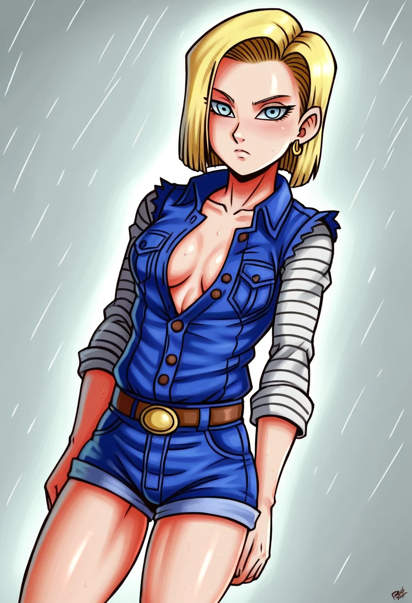 (masterpiece, best quality:1.2), Android 18, blonde hair, 1girl, Unbuttoned short shorts, barefoot, White background, masterpiece, best quality, absurdres, highres, 4k, ray tracing, perfect face, perfect eyes, intricate details, highly detailed, (best quality:1.33), (masterpiece:1.42),(semi realistic:1.3), (detailed:1.15),(skin details), Dappled Light, analog style (look at viewer), (skin texture), (realistic texture skin), cinematic light, side lighting, ultra high res, best shadow, RAW, (Dutch angle:1.1), lightroom, cinematic, hdr, raw, (intricate:1.4), high quality, soothing tones, intricate details, extremely high quality RAW photograph, detailed background, intricate, Exquisite details and textures, highly detailed, ultra detailed photograph, warm lighting, 4k, sharp focus, high resolution, detailed skin, detailed eyes, 8k uhd, dslr, high quality, film grain, Fujifilm XT3,
Rainy Day: The diffused light and wet surfaces on a rainy day can create a moody and atmospheric environment, perfect for capturing reflections and street photography.,