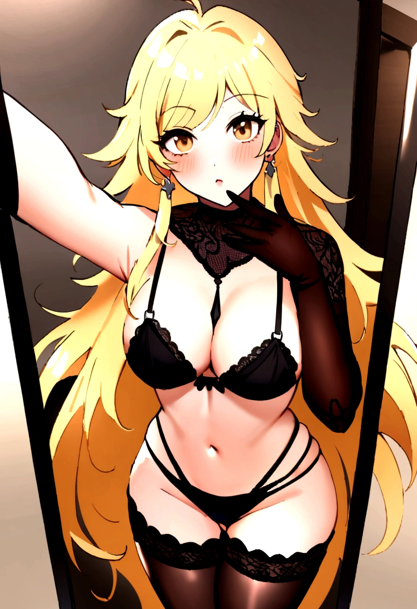 A 23-year-old blonde woman, ((pechos grandes)), ((hiperrealismo)) ,. blonde hair with light brown roots. cabello rubio, Hair with brown roots, cabello extra largo, cabello muy largo, really long hair, Beautiful, Front view, selfie, weathing black lingerie with black sheer gloves and stockings.