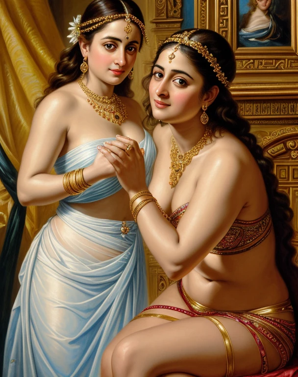 Looks like Anushka Shetty, Masterpiece, Best quality, high clarity eyes, critically flawless,sharp picture, Full portrait, High pixels, perfect face, perfect eyes, beautiful face, perfect hands,perfect fingers, in Peter Paul Rubens style, by Peter Paul Rubens, baroque style, acrylic on canvas, highly detailed, description: "Create a nymph inspired by the tales of Greek or Roman mythology, embodying the essence of a natural element or location, and possessing a unique ability or trait that sets her apart.", strapless Bra of ancient times, strapless bralette, armpits showing, detailed armpits, ravishing beauty queen,