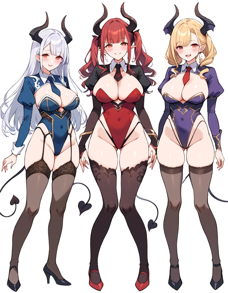 3 girls, variety of hairstyles, variety of bangs, high fantasy costume, ((white background)), full body, multiple views, succubus,  thong, shrug, leotard, cleavage, tie, 