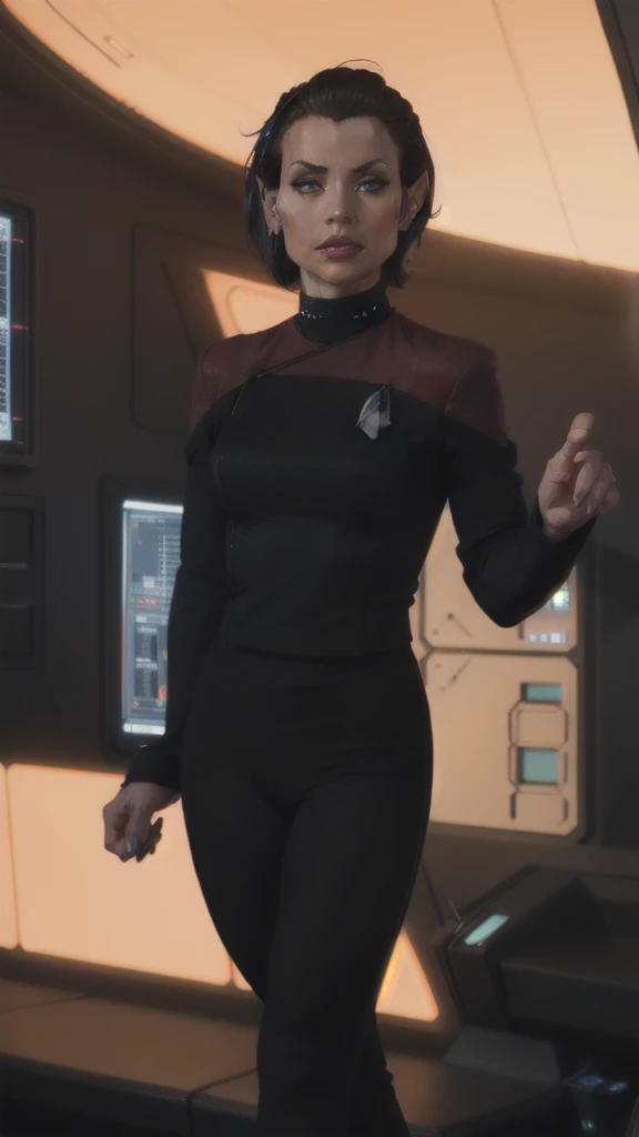 side (bob haircut1:1), vulcan girl, star trek ,  (pcdst red uniform:1.25),black pants pointy ears,borg