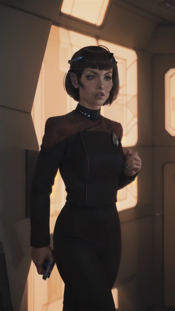 side (bob haircut1:1), vulcan girl, star trek ,  (pcdst red uniform:1.25),black pants pointy ears,borg