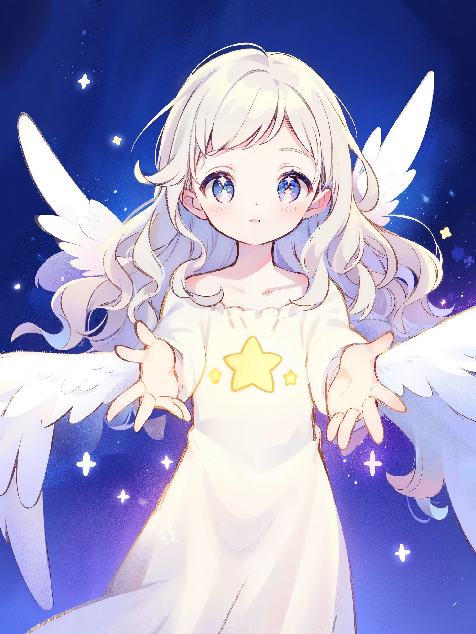 angel girl wearing an ethereal flowing layered dress, pale skin, ((sparkling wavy white hair)), white feathers, angel wings, sparkling detailed eyes, golden ratio face, perfect composition, highly detailed, ethereal, (starry night sky background), midjourney style