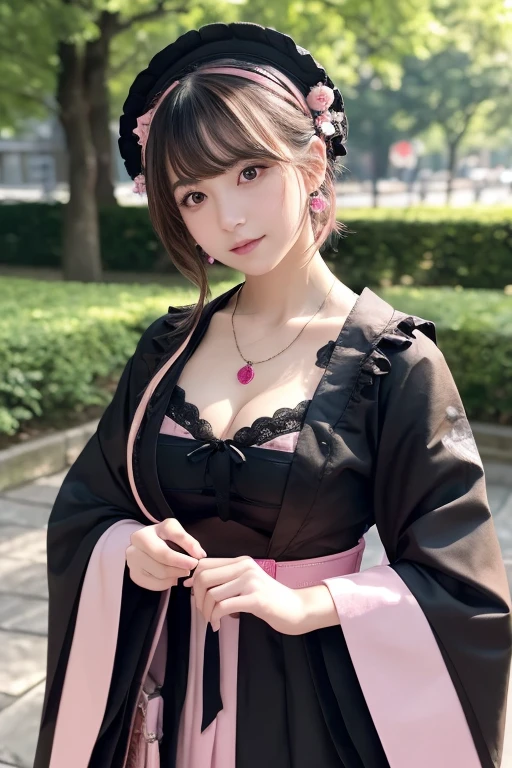 girl, White skin, ((Dark brown short tiered hair)), V cut with layers and bangs, Brown eyes, Soft atmosphere characteristics (Highest quality, Ultra-high resolution, 8K, RAW Photos, Ultra-high resolution: 1.2, masterpiece: 1.3), (Realistic, Realistic: 1.37), Very detailed, Professional Lighting, Photon Mapping, Radio City, 物理ベースレンダring, One Girl, (high school girl), Sharp focus:1.2、Beautiful woman:1.4,cute, Nice, Adorable smile, Normal chest, Cross Necklace、Earrings、ring,(Cleavage)、((Dark brown short hair),Gothic ta Fashion, (((Pink and black gothic loliimono))),Japanese cityscape、Kyoto